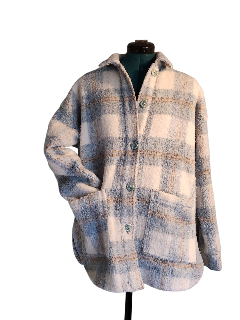 L Space Seaside Woman's Fuzzy Coat Dusty Blue White Plaid Size XS Button Up